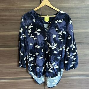 Maeve swan print flannel blouse with brass buttons L